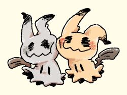 00tamakichi :3 alternate_color black_eyes blush cheek-to-cheek creatures_(company) drawn_on_eyes full_body game_freak gen_7_pokemon heads_together highres mimikyu nintendo no_humans official_alternate_color pokemon pokemon_(creature) shiny_pokemon simple_background sitting tail white_background
