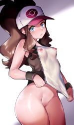 Rule 34 | 10s, 1girl, antenna hair, bad id, bad pixiv id, bare legs, baseball cap, blouse, blue eyes, bottomless, breasts, brown hair, cleft of venus, covered erect nipples, female focus, hair ornament, hat, head tilt, high ponytail, highres, hilda (pokemon), legs, long hair, looking at viewer, nintendo, nipples, pokemon, pokemon bw, ponytail, pussy, roropull, shirt, sleeveless, sleeveless shirt, small breasts, solo, thighs, uncensored, upper body, very long hair, white shirt