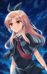 1girl black_bow black_capelet blonde_hair boukensha_c bow brown_eyes capelet hair_ribbon highres long_hair necktie red_necktie ribbon school_uniform smile tears tsui_no_sora tsui_no_sora_(remake) yokoyama_yasuko