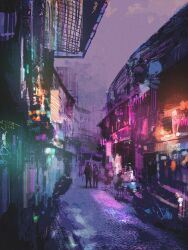 Rule 34 | 2others, alley, balcony, cityscape, display, dkaism, glowing, multiple others, neon lights, original, painterly, railing, scenery, sign, walking, window