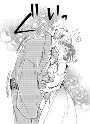 1boy 1girl blush closed_eyes couple cowboy_shot dress ear_blush emnaku_(gensenkan) from_side gegege_no_kitarou greyscale hand_on_another&#039;s_arm hand_on_another&#039;s_cheek hand_on_another&#039;s_face hand_on_another&#039;s_head head_tilt heart heart_background hetero highres iwako_(gegege_no_kitarou) japanese_clothes kimono kiss leaning_forward medama_oyaji_(human) monochrome obi sash short_hair white_dress