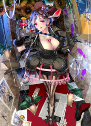 1girl black_flower black_rose blue_hair breasts broken_glass brown_pantyhose cane cleavage dress earrings female_focus flower footprints forehead_tattoo glass gloves hat highres huge_breasts jewelry large_breasts long_hair money monster open_mouth original pantyhose photo_(object) red_eyes rose ryuki@maguro-ex shoes short_hair skirt smile solo striped_clothes striped_pantyhose striped_thighhighs tattoo thighhighs turnip vertical-striped_clothes vertical-striped_pantyhose very_long_hair