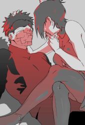 1boy 1girl bare_shoulders breasts covered_eyes crossed_legs dress finger_to_mouth hand_on_another&#039;s_head konan_(naruto) labret_piercing naruto_(series) naruto_shippuuden obobkkp paper scar scar_on_face short_hair sitting sitting_on_lap sitting_on_person spiked_hair spot_color uchiha_obito zipper_pull_tab