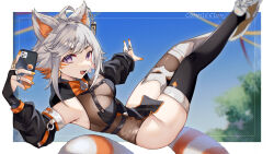 Rule 34 | 1girl, absurdres, ahoge, black bridal gauntlets, black dress, black sleeves, black thighhighs, breasts, bridal gauntlets, cleavage, commission, demenishki, detached sleeves, dress, facial mark, grey hair, highres, holding, holding phone, indie virtual youtuber, jewelry, leotard, multicolored hair, open mouth, orange hair, orange nails, phone, purple eyes, red panda ears, red panda girl, red panda tail, ring, see-through cleavage, see-through clothes, see-through leotard, skeb commission, solo, tanaka (tps9g), thighhighs, two-tone hair, virtual youtuber, whisker markings