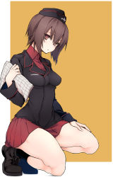 10mo 1girl black_shoes black_skirt black_socks brown_eyes brown_hair dress_shirt female_focus girls_und_panzer grey_shirt hand_on_own_thigh highres holding holding_map kneehighs kuromorimine_school_uniform loafers long_sleeves looking_at_viewer map miniskirt nishizumi_maho on_one_knee orange_background outside_border parted_lips pleated_skirt school_uniform shirt shoes short_hair skirt socks solo