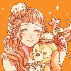 1girl animal_ears animification bow character_doll cookieann dog_ears dog_girl doll duffy_and_friends green_eyes hair_bow humanization long_hair looking_at_viewer low_twintails mizala personification simple_background smile solo twintails upper_body wand wavy_hair