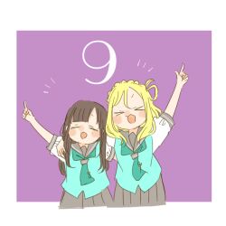 Rule 34 | &gt; &lt;, 2girls, :d, animification, aqua neckerchief, arm up, blonde hair, blunt bangs, blush, border, braid, brown hair, commentary, countdown, crown braid, facing viewer, green vest, grey sailor collar, grey skirt, hair rings, kase (ks lys), long hair, love live!, love live! sunshine!!, multiple girls, neckerchief, notice lines, ohara mari, one side up, open mouth, outside border, pleated skirt, purple background, real life, sailor collar, school uniform, serafuku, shirt, short sleeves, simple background, single hair ring, skirt, smile, summer uniform, suzuki aina (voice actor), tie clip, uranohoshi school uniform, vest, voice actor, voice actor connection, white border, white shirt, xd