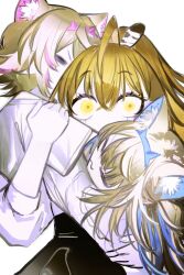 3girls :3 absurdres ahoge animal_ear_fluff animal_ears blonde_hair blue_hair brown_hair closed_eyes colored_skin dog_ears dog_girl feather_hair_ornament feathers fuwawa_abyssgard group_hug hair_ornament hand_on_another&#039;s_shoulder highres hololive hololive_english hug mococo_abyssgard multicolored_hair multiple_girls nanashi_mumei pink_hair ponytail pungson_mori raised_eyebrows shirt siblings streaked_hair surprised twins virtual_youtuber white_background white_shirt white_skin wide-eyed yellow_eyes