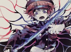 Rule 34 | 1boy, akesenyou, armband, belt, black cape, black streaks, blue eyes, cape, gakuran, gloves, headgear, highres, holding, holding sword, holding weapon, hole in chest, hole on body, last defense academy school uniform, looking at viewer, male focus, multicolored hair, red hair, school uniform, short hair, solo, streaked hair, sumino takumi, sword, teeth, the hundred line -last defense academy-, upper body, weapon, white armband, white background, white belt, white gloves