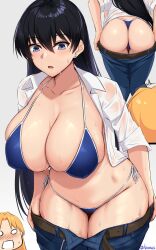 Rule 34 | 2girls, akitsuki karasu, arato nagi, ass, bikini, black hair, blank eyes, blonde hair, blue bikini, blue eyes, blue pants, blush, breasts, cleavage, clothes pull, collarbone, denim, dimples of venus, earrings, highres, huge breasts, jeans, jewelry, long hair, multiple girls, navel, open clothes, open mouth, open shirt, pants, pants pull, ruri no houseki, shirt, stomach, swimsuit, tanigawa ruri, thick thighs, thighs, thong, thong bikini, undressing, wet, wet clothes, white shirt, wide hips