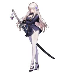 Rule 34 | 1girl, blade (brown dust), blonde hair, blue eyes, blue footwear, blue jacket, blush, breasts, brown dust (series), brown dust 2, cleavage, closed mouth, eyebrows hidden by hair, flower, from side, full body, gloves, hair flower, hair ornament, highres, holding, holding sword, holding weapon, jacket, katana, large breasts, long hair, looking at viewer, military jacket, official art, pantyhose, second-party source, sheath, simple background, solo, sword, transparent background, very long hair, weapon, white gloves, white pantyhose