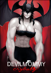 Rule 34 | 1girl, absurdres, black hair, blood, blood on face, blood on mouth, breasts, demon wings, devilman, devilman (character), devilman crybaby, fudou akira, genderswap, head wings, highres, horns, large breasts, looking at viewer, muscular, muscular arms, muscular female, no pupils, red background, smile, solo, speedl00ver, veins, veiny arms, wings