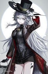 Rule 34 | 1girl, absurdres, arknights, black coat, coat, grey eyes, grey hair, grey tail, hand on headwear, hat, highres, lappland (arknights), looking at viewer, material growth, oripathy lesion (arknights), rau ma (the rauma001), scar, scar across eye, scar on face, short shorts, shorts, solo, tail, thighs, top hat, wolf tail