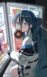 1girl absurdres antenna_hair aqua_eyes aqua_halo aris_(blue_archive) black_jacket blue_archive blue_hairband blue_jacket blush can chinese_commentary coca-cola collared_shirt commentary_request donut double-parted_bangs fanshuimucishen food food_in_mouth from_side grey_hair hair_between_eyes hairband halo hand_up highres holding holding_can jacket long_bangs long_hair long_hair_between_eyes long_sidelocks long_sleeves looking_at_viewer milk_carton millennium_science_school_logo mouth_hold multicolored_jacket off_shoulder one_side_up pocket puffy_long_sleeves puffy_sleeves rectangular_halo refrigerator ringed_eyes school_uniform seiza shirt sidelighting sidelocks sitting smile solo turning_head two-sided_fabric two-sided_jacket very_long_hair white_jacket white_shirt