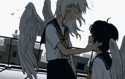 2girls angel angel_wings eyepatch highres multiple_girls nihiru0513 tagme tears wings