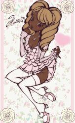 Rule 34 | 1girl, blonde hair, blush, bow, breasts, cardigan, dark-skinned female, dark skin, drill hair, eyelashes, eyeshadow, flower, gyaru, heart, heart necklace, high heels, highres, hime gyaru, jewelry, lilitafaery, lips, long hair, makeup, necklace, open cardigan, open clothes, original, panties, pink eyeshadow, rose, thighhighs, twin drills, underwear, very dark skin, white flower, white rose, white thighhighs