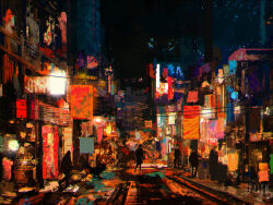 Rule 34 | 5others, balcony, building, city, clothesline, dkaism, glowing, market stall, multiple others, night, original, painterly, people, reflective floor, road, scenery, sign, silhouette, sky, skyscraper, star (sky), starry sky, street