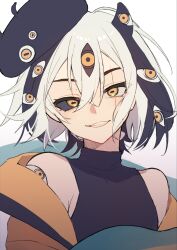 1boy asagawa_mikan_(peachy_michi) beret black_hair black_sclera black_shirt colored_sclera extra_eyes grin hat heterochromia highres indie_virtual_youtuber jacket looking_at_viewer merpperoni_(vtuber) multicolored_hair orange_jacket scar scar_across_eye scar_on_face shirt sleeveless sleeveless_shirt smile solo streaked_hair virtual_youtuber white_hair yellow_eyes