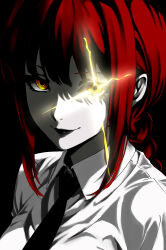 1girl absurdres braid braided_ponytail chainsaw_man closed_mouth collared_shirt highres long_hair looking_at_viewer luv_xuo makima_(chainsaw_man) necktie red_hair ringed_eyes shirt sidelocks solo yellow_eyes