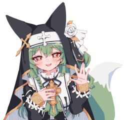 Rule 34 | 1girl, animal ears, artist request, blush, book, braid, commission, cross, cuffs, flower, fox ears, fox tail, green hair, green tail, hair between eyes, hands up, huanxiang koudai meow, long hair, long sleeves, nun, original, puffy long sleeves, puffy sleeves, red eyes, rune (dualhart), second-party source, shackles, shy, simple background, sitting, solo, sweatdrop, tail, thigh strap, transparent background, upper body, veil, waving, white flower