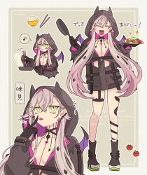 1girl black_boots black_hands black_jacket blush blush_stickers body_markings boots breasts chibi choker cleavage closed_eyes colored_extremities cooking crossed_bangs demon_girl demon_horns demon_wings ear_piercing fate/grand_order fate_(series) food frying_pan full_body green_eyes grey_hair hair_between_eyes highres hood horns jacket lilith_(fate) lilith_(first_ascension)_(fate) long_hair long_sleeves low_twintails medium_breasts mxixk open_mouth piercing plate smile thigh_strap tomato tongue tongue_out translation_request twintails wings