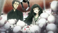 1boy 1girl 2channel arcade arcade_cabinet bad_tag beard_stubble black_cardigan black_hair black_jacket black_shirt blunt_bangs blurry blurry_background blush breast_pocket cardigan clothing_request collar collarbone collared_shirt crane_game dress emoticon facial_hair flat_chest game_cg green_collar green_dress green_eyes green_hair green_trim grey_jacket highres hiyajou_maho huke jacket jacket_over_dress kaomoji lapels long_hair long_sleeves messy_hair mona_(2ch) narrowed_eyes non-web_source notched_lapels object_in_pocket official_art okabe_rintarou okabe_rintarou_(beta) open_mouth pen_in_pocket pocket ringed_eyes shirt short_hair smile smug steins;gate steins;gate_0 stubble stuffed_animal stuffed_toy thick_eyebrows tongue triangle_mouth very_long_hair yellow_eyes