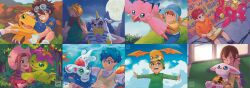 3girls 5boys absurdres agumon bird bug cat digimon digimon_(creature) digimon_adventure gabumon glasses gomamon highres ishida_yamato izumi_koshiro kido_jo multiple_boys multiple_girls palmon patamon petals piyomon tachikawa_mimi tailmon takaishi_takeru takenouchi_sora tentomon wings yagami_hikari yagami_taichi