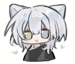 1girl bang_dream! bang_dream!_it&#039;s_mygo!!!!! black_shirt blue_eyes chibi chibi_only chinese_commentary commentary_request heart heterochromia kaname_raana open_mouth raana_the_cat shirt short_hair simple_background solo upper_body white_background white_hair yellow_eyes yu_wyan