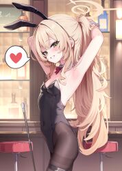 absurdres animal_ears armpits bad_link blonde_hair blue_archive breasts cane green_eyes halo highres leotard long_hair mannack off_shoulder playboy_bunny professor_niyaniya_(blue_archive) rabbit_ears small_breasts smile