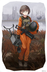 Rule 34 | 1girl, absurdres, bare tree, black-framed eyewear, black boots, black gloves, boots, brown eyes, brown hair, building, commentary, english commentary, full body, glasses, gloves, gun, hazmat suit, helical magazine, high-capacity magazine, highres, holding, looking at viewer, ndtwofives, parted lips, pp-19 bizon, short hair, solo, stalker (game), stalker 2: heart of chornobyl, standing, submachine gun, tree, water, weapon