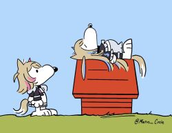animal_ears black_jacket blonde_hair blue_hair blue_sky charles_schulz_(style) cosplay day dog dog_ears dog_tail doghouse fuwawa_abyssgard fuwawa_abyssgard_(cosplay) grass hololive hololive_english jacket marus_circle mococo_abyssgard mococo_abyssgard_(cosplay) multicolored_hair outdoors peanuts_(comic) pink_hair sky snoopy tail virtual_youtuber