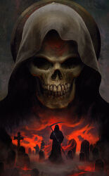 1boy 2others absurdres aura black_robe cloak commentary cross dark_aura death_(entity) english_commentary fog grave graveyard grim_reaper halloween hat highres holding holding_scythe hood hood_up multiple_others original robe ronashtiani scythe skeleton skull teeth tombstone two-handed