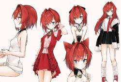 1girl alternate_costume ange_katrina ange_katrina_(1st_costume) ange_katrina_(2nd_costume) ange_katrina_(3rd_costume) animal_ears ayuko_ammobium backless_dress backless_outfit bare_arms bare_shoulders black_bow black_jacket blue_eyes blush bow breasts bridal_gauntlets cat_ears closed_mouth collared_shirt commentary_request crossed_bangs dress earrings floral_print floral_print_dress gold_necklace hair_bow hair_intakes hair_ornament halter_shirt halterneck hand_in_own_hair hand_up highres jacket jewelry kemonomimi_mode lace_bridal_gauntlets layered_dress long_hair long_sidelocks loose_socks medium_hair miniskirt multiple_views necklace necktie nijisanji pink_bridal_gauntlets pink_dress pleated_skirt print_dress red_dress red_hair red_necktie red_shoes shirt shirt_tucked_in shoes short_dress sidelocks simple_background single_off_shoulder sitting skirt sleeveless sleeveless_dress sleeveless_shirt sleeves_past_wrists small_breasts smile socks triangle_hair_ornament triangle_necklace very_long_hair virtual_youtuber white_background white_dress white_shirt white_socks