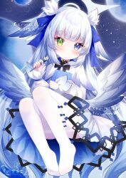 1girl :&lt; animal_ears artist_name black_bow black_bowtie blue_eyes blue_ribbon blunt_bangs blush book borrowed_character bow bowtie closed_mouth commission dress feathered_wings feet fox_ears full_body fur-trimmed_sleeves fur_trim green_eyes hair_ribbon halo hamiyamiko heterochromia holding holding_book holding_pencil light_frown long_sleeves looking_at_viewer no_shoes original pantyhose pencil ribbon sidelocks solo watermark white_dress white_halo white_pantyhose white_wings wings