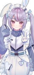 1girl absurdres animal_ears apron bow fake_animal_ears frilled_apron frills gradient_hair grey_jacket hair_bow hair_ornament hairpin heart heart_hair_ornament highres jacket jersey_maid long_sleeves maid maid_apron maid_headdress multicolored_hair multiple_hairpins nakano_kura parted_bangs pink_eyes purple_hair rabbit_ears simple_background sleeves_past_fingers sleeves_past_wrists solo streaked_hair thick_eyebrows tosaki_mimi tosaki_mimi_(4th_costume) track_jacket twintails unconventional_maid upper_body virtual_youtuber vspo! white_background