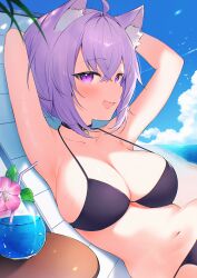 1girl :d ahoge animal_collar animal_ear_fluff animal_ears armpits arms_behind_head arms_up beach beach_chair bikini black_bikini black_collar blue_sky blush breasts cat_ears cat_girl cleavage cloud cocktail collar commentary_request crossed_bangs cumulonimbus_cloud day double-parted_bangs hair_between_eyes haruhitooo highres hololive large_breasts looking_at_viewer lying messy_hair navel nekomata_okayu on_back on_chair open_mouth outdoors purple_eyes purple_hair short_hair sky smile solo stomach string_bikini swimsuit virtual_youtuber