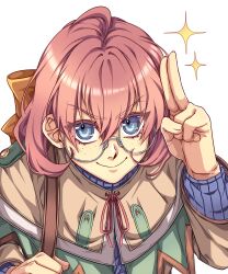 Rule 34 | 1girl, absurdres, ahoge, blue eyes, bow, close-up, dorothy hyatt, eiyuu densetsu, freckles, glasses, hair bow, highres, looking at viewer, pink hair, salute, short hair, simple background, smile, solo, sora no kiseki, two-finger salute, white background, yuzukiyo