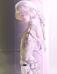 1girl breasts dress hat highres hololive hololive_dev_is nipples off_shoulder ribs short_hair small_breasts solo thighs todoroki_hajime todoroki_hajime_(regloss_uniform) tsuwamun virtual_youtuber white_hair
