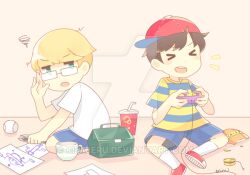 annoyed bad_tag bag_of_chips baseball child chips_(food) controller cup disposable_cup food game_controller glasses hat jeff_andonuts kiimberu lunchbox mother_(series) mother_2 ness_(mother_2) nintendo playing playing_videogame potato_chips shirt shoes shota sitting sketch smile socks sweatdrop wrench