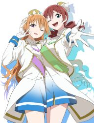 2girls blue_eyes breasts commentary drill_hair drop_shadow emma_verde freckles gloves gradient_clothes gradient_skirt hair_between_eyes hand_on_another&#039;s_head hat highres jacket konoe_kanata large_breasts long_hair long_sleeves looking_at_viewer love_live! love_live!_nijigasaki_high_school_idol_club mini_hat mini_top_hat monowe multiple_girls necktie nijiiro_passions!_(love_live!) official_alternate_costume one_eye_closed open_mouth orange_hair outstretched_arm outstretched_hand purple_eyes red_hair sash shirt skirt smile symbol-only_commentary top_hat twin_drills v white_background white_gloves white_jacket white_shirt