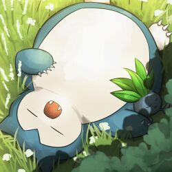 Rule 34 | absurdres, blue fur, colored skin, day, gen 1 pokemon, grass, highres, lying, multicolored skin, nintendo, no humans, oddish, on back, open mouth, outdoors, pokemon, pokemon (creature), sleeping, snorlax, solo focus, spicyichizo, two-tone skin, white fur