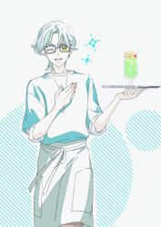 1boy apron bare_arms cafe cherry cookie cup drink earrings food fruit glasses green_eyes green_hair green_shirt hand_on_own_chest hibiki_kaito highres holding holding_cup holding_drink holding_tray hoop hoop_earrings ice_cream ice_cream_float jewelry kimi_to_idol_precure long_sleeves mature_male melon_soda necklace one_eye_closed open_mouth precure round_image shirt shirt_tucked_in short_hair sleeves_rolled_up soda solo solo_focus sugimoto_miho tray upper_body waiter