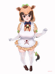 Rule 34 | 1girl, animal ears, apron, beleven, bell, blush, bow, bowtie, brown eyes, brown hair, brown shirt, brown shoes, brown skirt, collared shirt, cow ears, cow girl, cow tail, elbow gloves, frilled apron, frilled skirt, frills, from above, full body, gloves, green bow, hair between eyes, hair bow, highres, jersey cattle (kemono friends), kemono friends, loafers, looking at viewer, multicolored hair, neck bell, pleated skirt, puffy short sleeves, puffy sleeves, red bow, red bowtie, shirt, shoes, short hair, short sleeves, sidelocks, skirt, smile, solo, tail, tail bow, tail ornament, thighhighs, white apron, white gloves, white hair, white thighhighs, zettai ryouiki