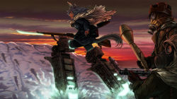 1girl animal_ears aurora_e._juutilainen bag bandages bayonet black_pantyhose bolt_action cape cloud entrenching_tool gas_mask gloves grey_hair gun hat high-explosive_anti-tank_(warhead) highres hood man-portable_anti-tank_systems mask md5_mismatch military military_uniform mosin-nagant mountain pantyhose panzerfaust ppsh-41 recoilless_gun rifle rocket_launcher satchel shovel snow strike_witches strike_witches:_aurora_no_majo striker_unit submachine_gun sunset tail twilight weapon worktool world_witches_series yuukou