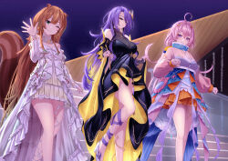 3girls ahoge airani_iofifteen airani_iofifteen_(goddess) animal_ears aonouta area_15 ayunda_risu ayunda_risu_(goddess) black_dress blonde_hair braid breasts brown_hair cleavage cleavage_cutout clothing_cutout colored_inner_hair commentary cropped_jacket crossed_bangs curtained_hair double-parted_bangs dress fingernails full_body gown green_eyes green_hair hair_intakes hair_ornament halter_dress halterneck high-low_dress high_collar high_heels highres hololive hololive_indonesia jacket large_breasts long_hair long_sleeves looking_at_viewer medium_breasts moona_hoshinova moona_hoshinova_(goddess) multicolored_dress multicolored_hair multiple_girls nail_polish off_shoulder official_alternate_costume official_alternate_hairstyle on_stairs one_eye_closed outdoors pink_hair purple_eyes purple_hair see-through_cleavage see-through_clothes see-through_jacket skirt_hold squirrel_ears squirrel_girl squirrel_tail standing streaked_hair tail three_quarter_view virtual_youtuber waving white_dress