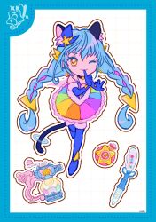 Rule 34 | 1girl, animal ear fluff, animal ears, bare shoulders, bell, black choker, blue boots, blue border, blue gloves, blue hair, blue hat, blue shirt, boots, border, braid, cape, cat ears, cat girl, cat tail, choker, circle skirt, collared shirt, cure cosmo, deformed, dot nose, dotted line, elbow gloves, extra ears, eyelashes, finger to mouth, full body, fur-trimmed boots, fur-trimmed gloves, fur-trimmed skirt, fur trim, gloves, glowstick, grid background, hair ornament, hat, hat ornament, highres, long hair, looking at viewer, low twin braids, magical girl, mini hat, mini top hat, miniskirt, multicolored hair, multicolored skirt, neck bell, one eye closed, outline, parted lips, penlight (glowstick), precure, purple hair, rainbow skirt, shirt, signature, skirt, sleeveless, sleeveless shirt, smile, solo, standing, star (symbol), star hat ornament, star twinkle precure, streaked hair, tail, tail ornament, tail ring, thigh boots, top hat, triangle hair ornament, twin braids, two-tone hair, uwded 207, very long hair, white background, white cape, white outline, yellow eyes, yuni (precure)