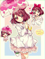 1girl :d asymmetrical_bangs boots bow eru frilled_skirt frills gradient_background green_bow hair_bow hanadera_nodoka healin&#039;_good_precure holding holding_umbrella light_blush looking_at_another looking_at_viewer open_mouth pink_bow pink_eyes pink_hair pink_skirt precure rabirin_(precure) raincoat short_hair skirt smile transparent transparent_umbrella umbrella white_boots white_raincoat