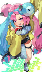 Rule 34 | 1girl, asymmetrical legwear, blue hair, boots, bow-shaped hair, breasts, character hair ornament, commentary, gen 1 pokemon, grey boots, grey pantyhose, grey shirt, hair ornament, hexagon print, highres, iono (pokemon), jacket, kamu (kamuuei), light blush, long hair, looking at viewer, magnemite, medium breasts, multicolored hair, nintendo, open mouth, oversized clothes, pantyhose, pink hair, poke ball, pokemon, pokemon sv, purple eyes, sharp teeth, shirt, single leg pantyhose, smile, solo, split-color hair, teeth, thigh strap, very long sleeves, yellow jacket