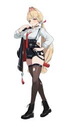 1girl absurdres alice_thymefield animal_ears black_boots black_thighhighs blonde_hair boots breasts collared_shirt high-waist_shorts highres jacket long_hair looking_at_viewer low_twintails medium_breasts necktie pongdo red_necktie shirt shorts skindentation smile solo standing thighhighs twintails very_long_hair white_background white_shirt zenless_zone_zero zettai_ryouiki