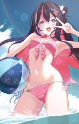 1girl absurdres armpits azki_(hololive) ball beachball bikini blush breasts commentary_request contrapposto cowboy_shot double-parted_bangs fang halterneck hashtag-only_commentary highres holding holding_ball holding_beachball hololive lens_flare looking_at_viewer mille multicolored_eyes multicolored_hair navel pink_bikini side-tie_bikini_bottom sky small_breasts solo splashing streaked_hair string_bikini swimsuit v wading water